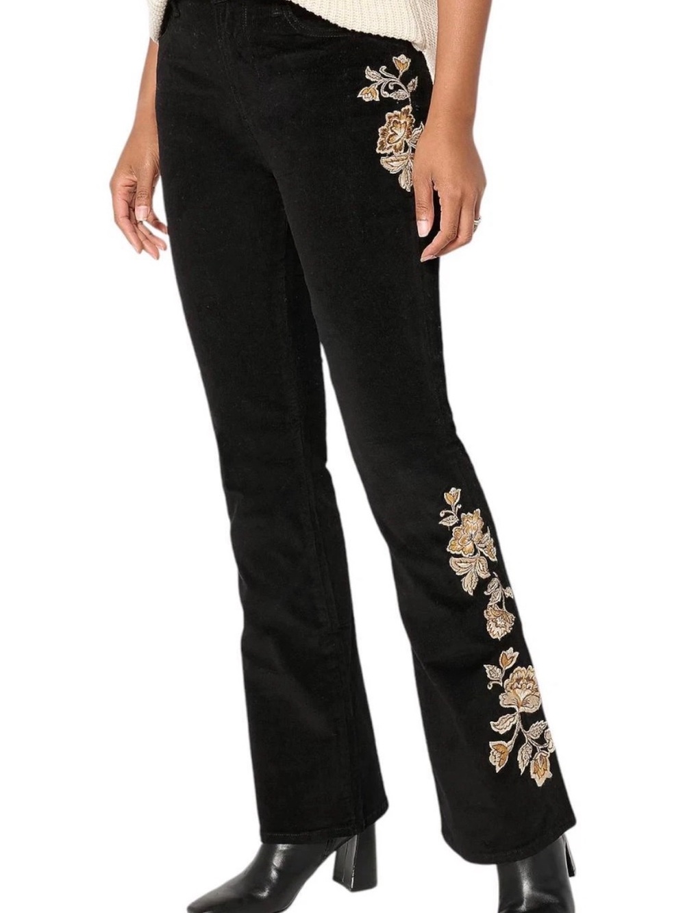 Driftwood Wyatt Black Corduroy Floral Embroidered Flare Pants W20 L32 NWT